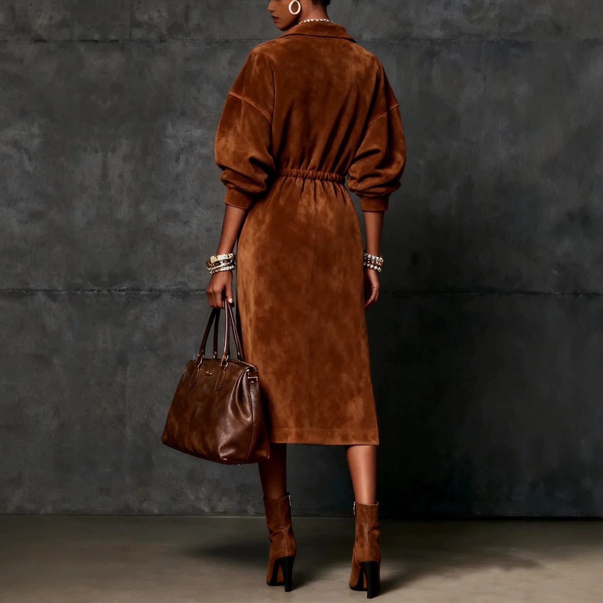 Western Style Retro Half-Zip Drawstring Waist Midi Dress with Slit