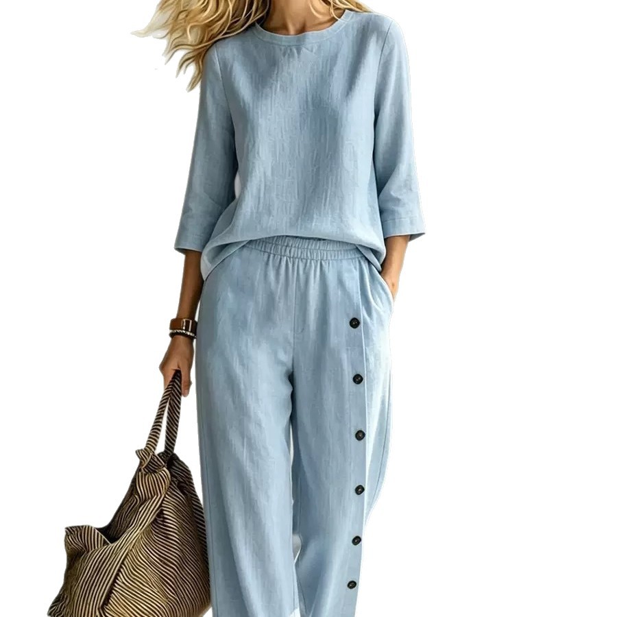 Women's Solid Color Button-Detail Two-Piece Pants Set Casual Loose Fit