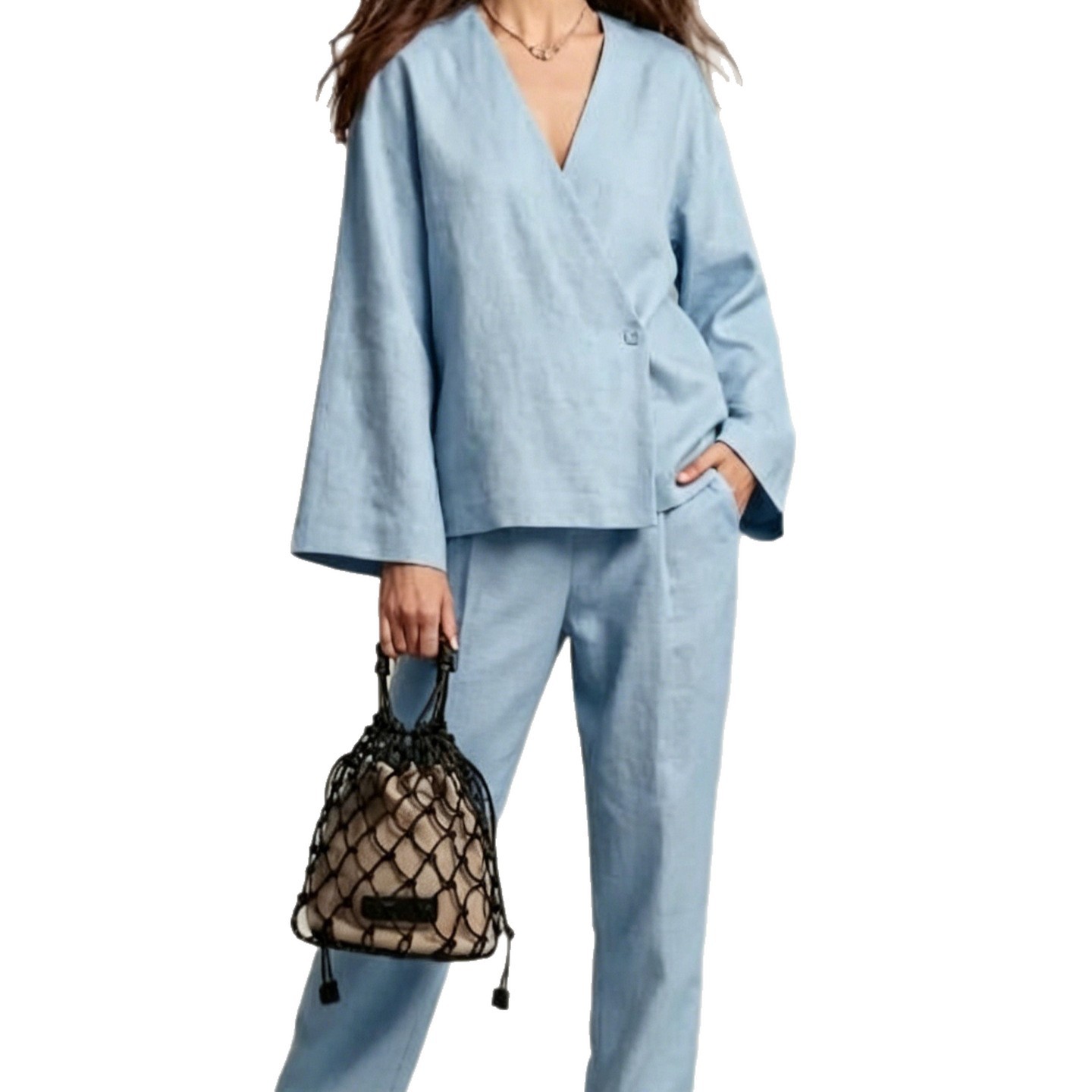 Women's Linen-Blend Button-Front Cardigan and Wide-Leg Pants Set