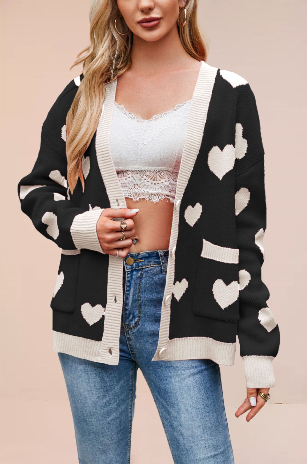 Heart Jacquard V-Neck Cardigan with Pockets