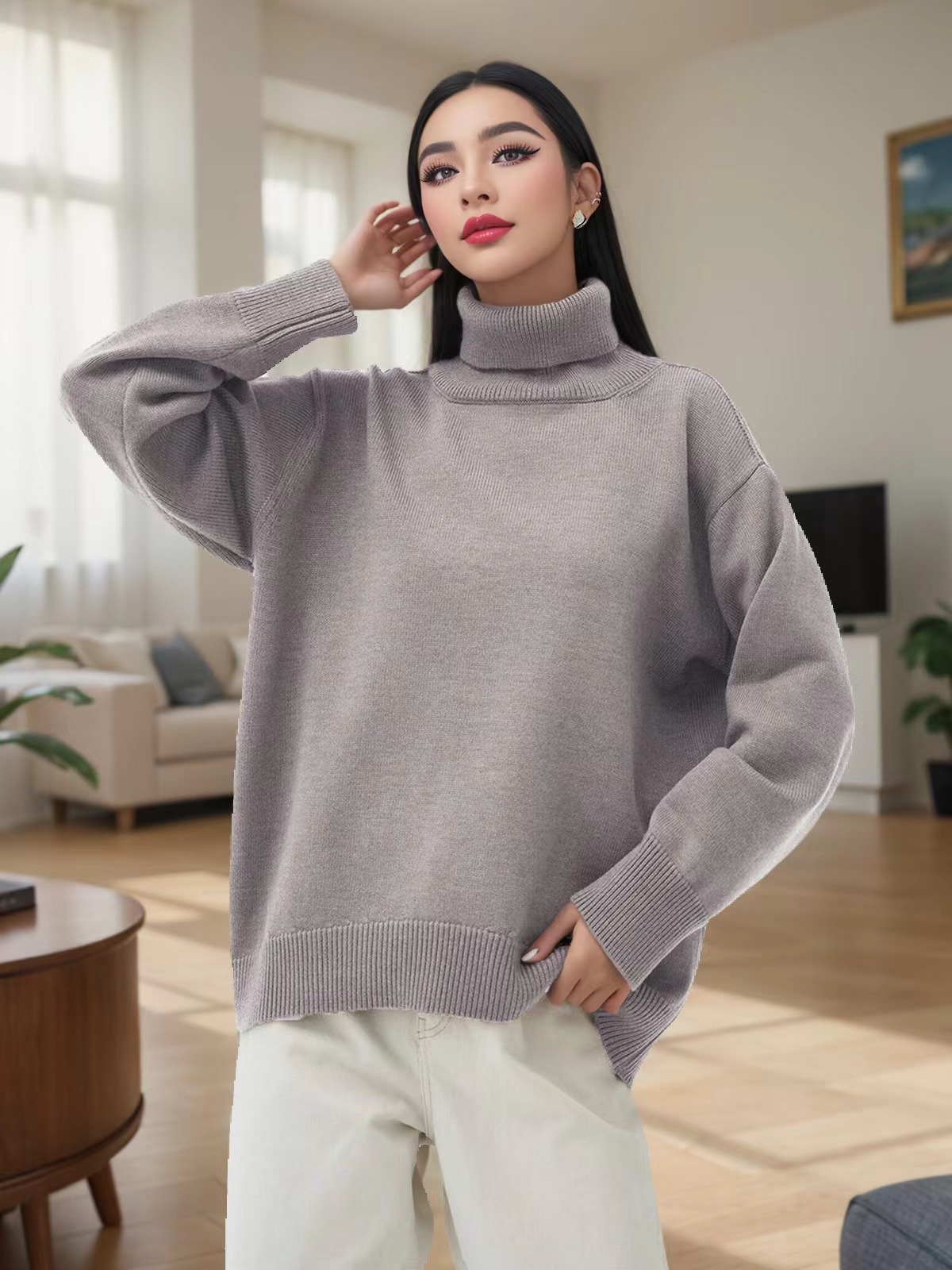 Women's Multi-Color Ribbed Turtleneck Knit Sweater Loose Lazy Style