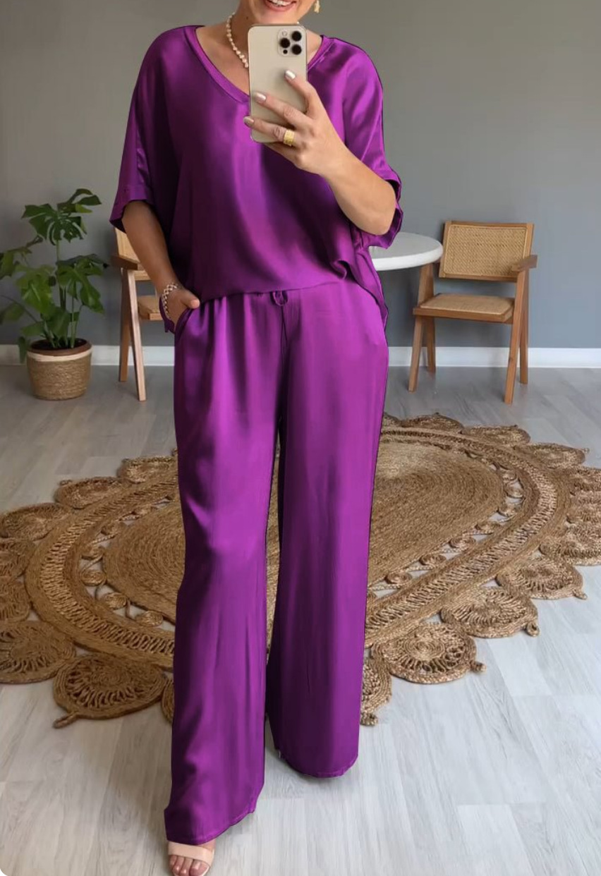 Women's Solid Silk-Finish V-Neck Casual Two-Piece Pants Set