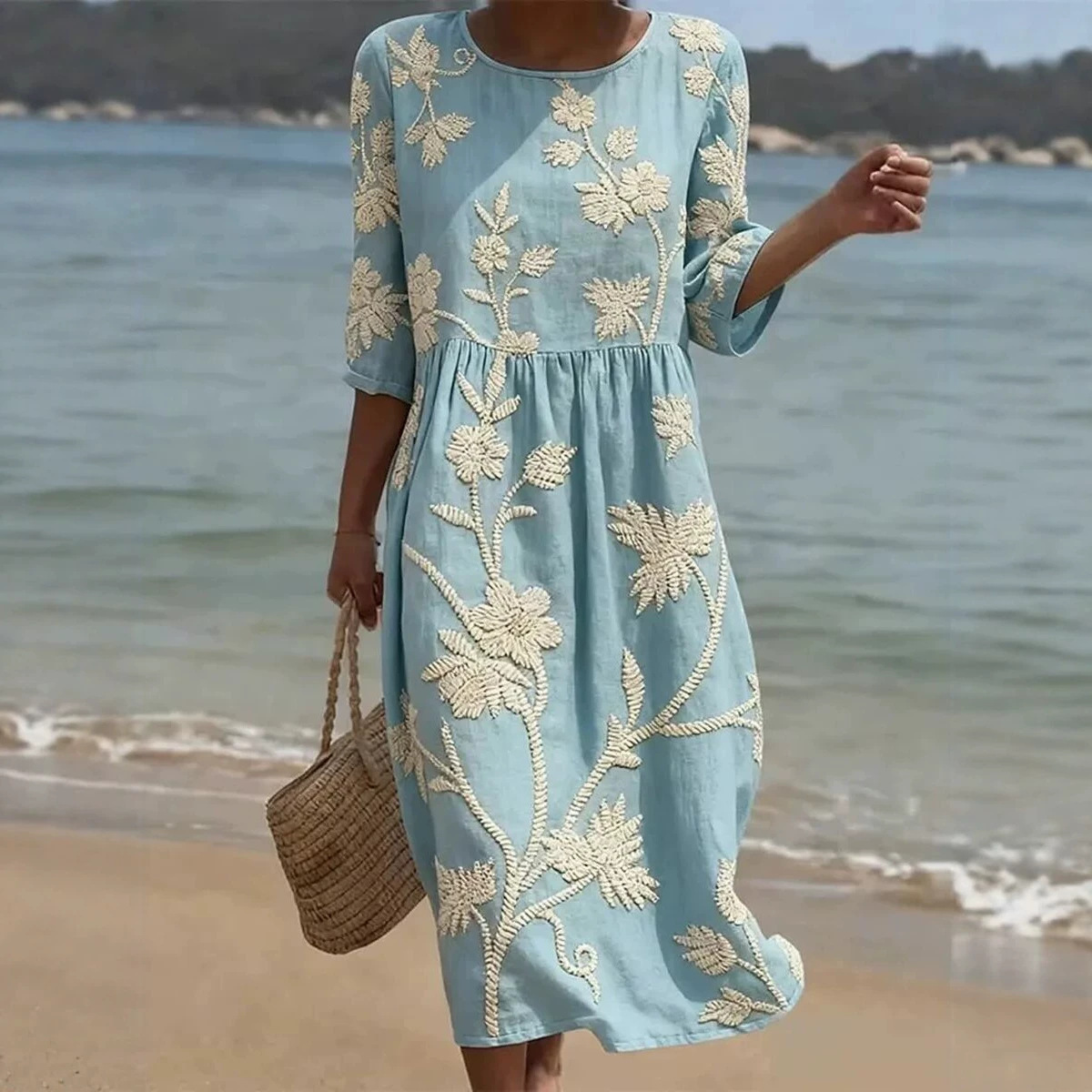 Women's Vintage Floral Print Ruched Midi Dress