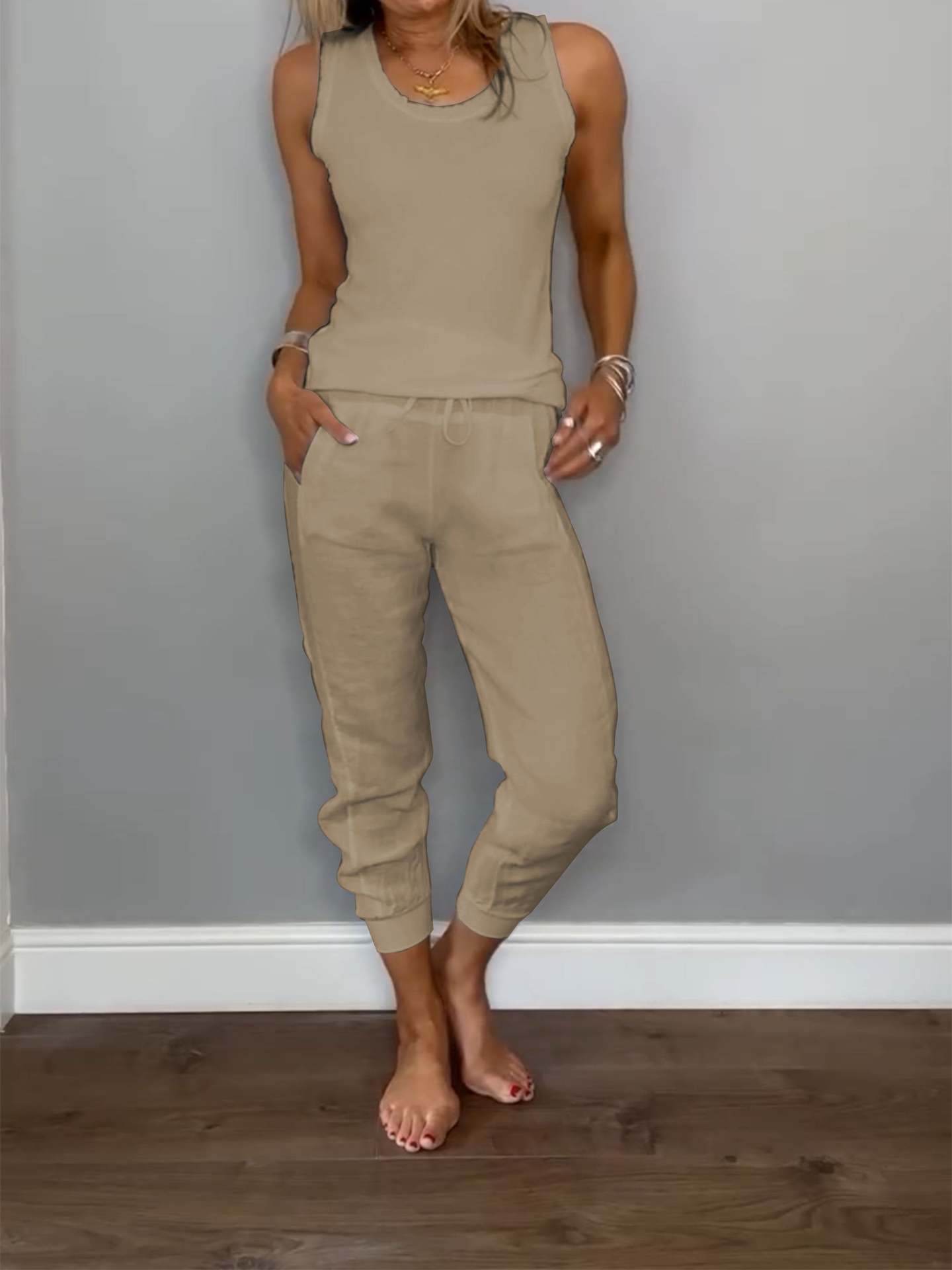 Cotton-Linen Tank Top and Drawstring Pants Set
