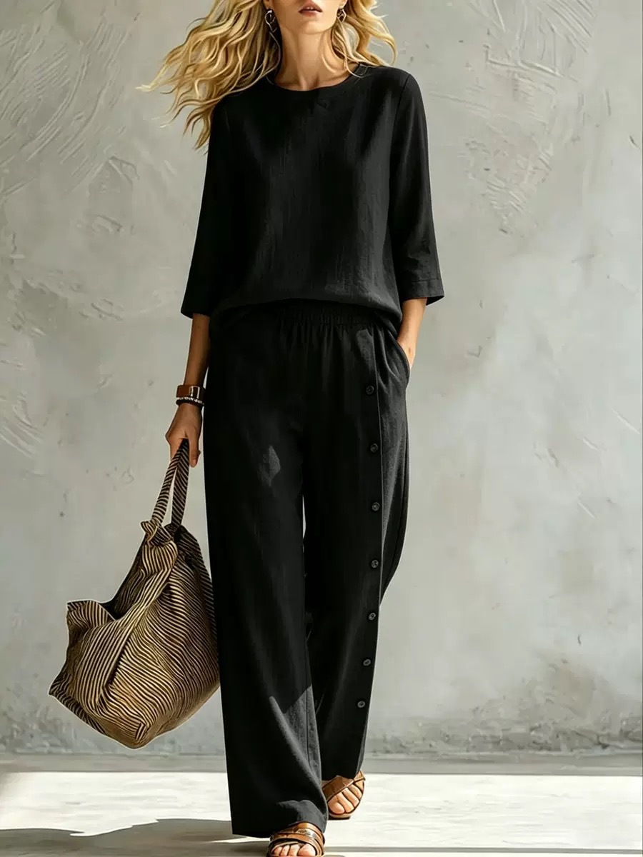 Women's Solid Color Button-Detail Two-Piece Pants Set Casual Loose Fit