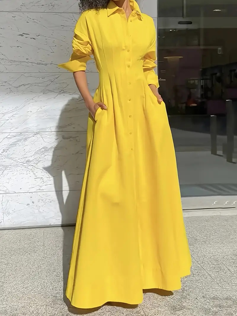 Elegant Loose Single-Breasted Slit Shirt Dress Long Dress