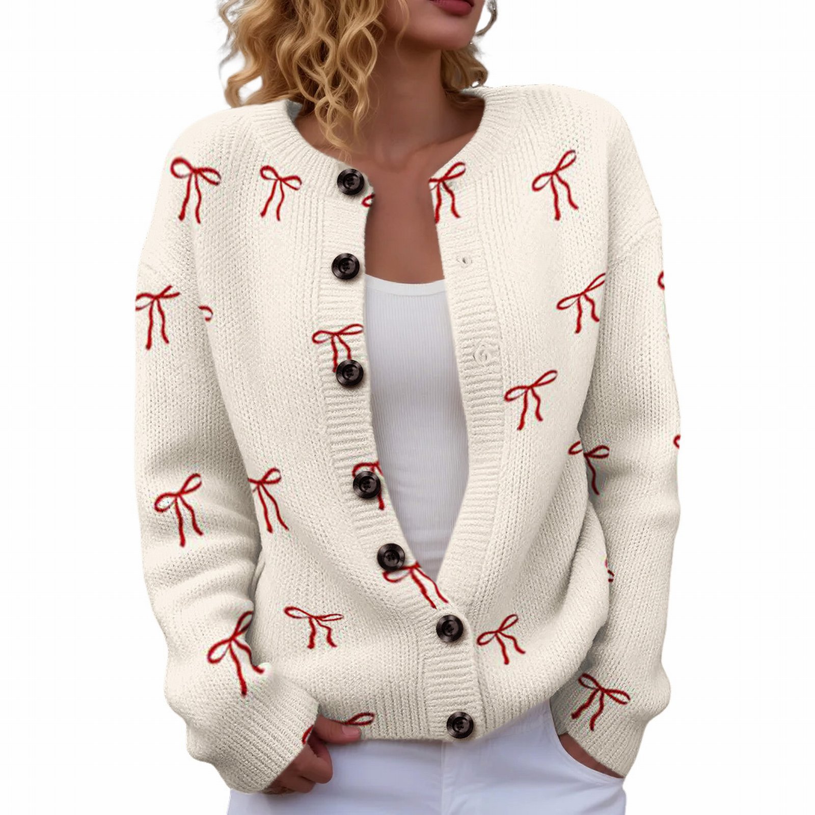 Women's Heart Ribbon Bow Cherry Print Cardigan