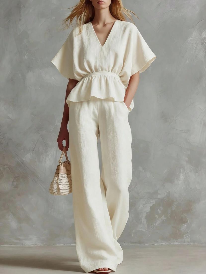 V-Neck Cinched Top and Wide-Leg Pants Two-Piece Set