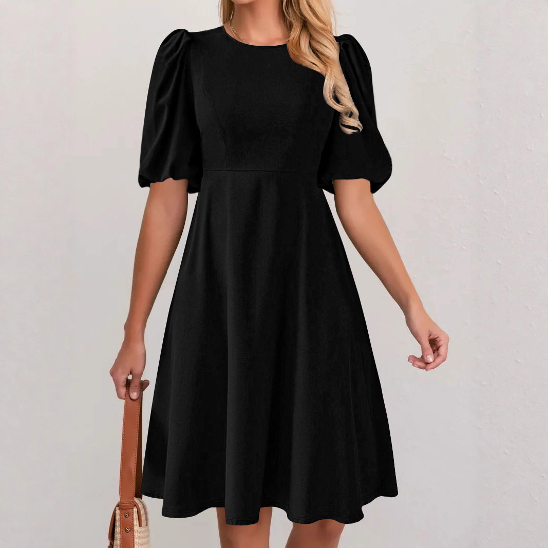 Women's Elegant Solid Color Round Neck Puff Sleeve Dress