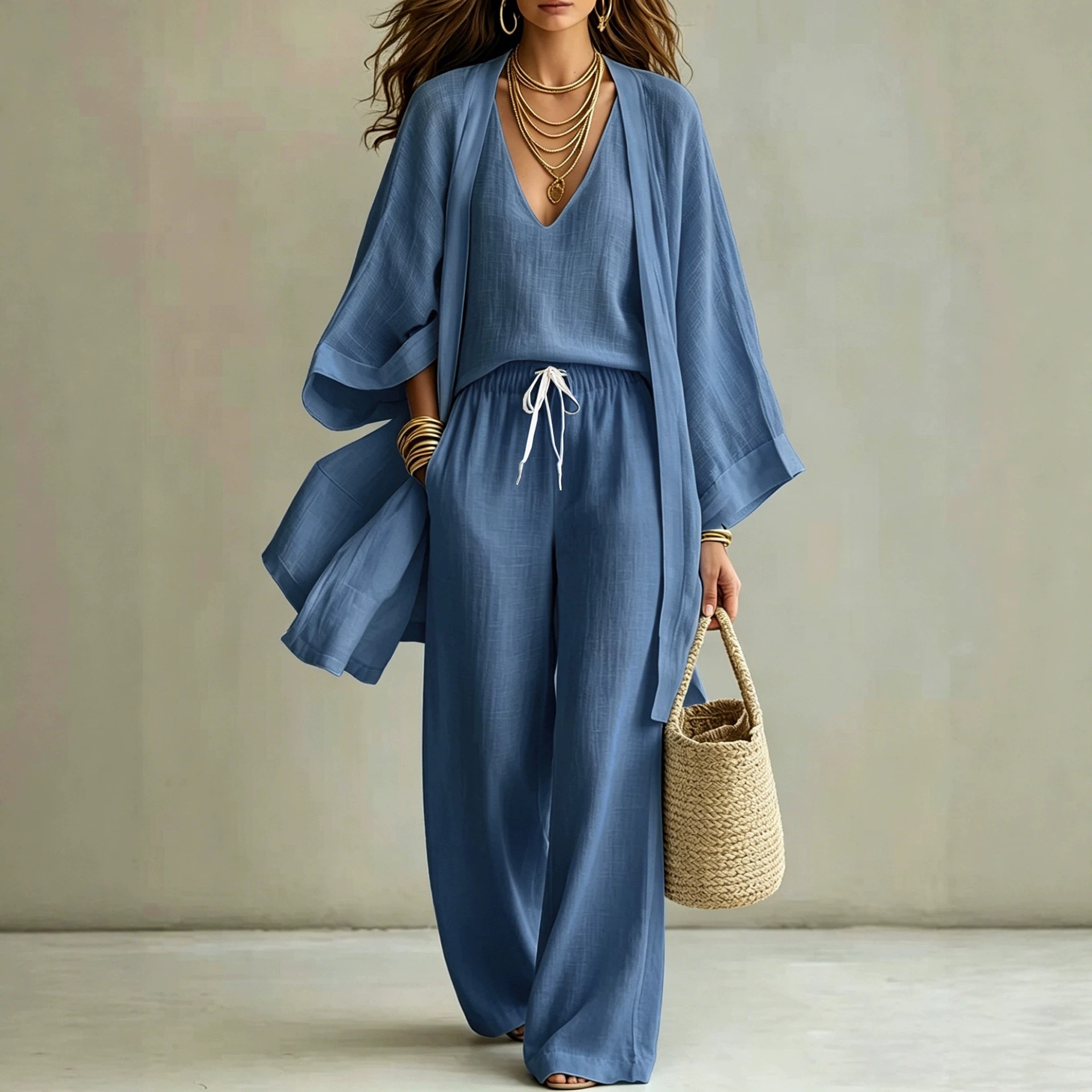 Women's 3-Piece Lounge Set: Open-Front Cardigan, Sleeveless V-Neck Vest & Wide-Leg Pants