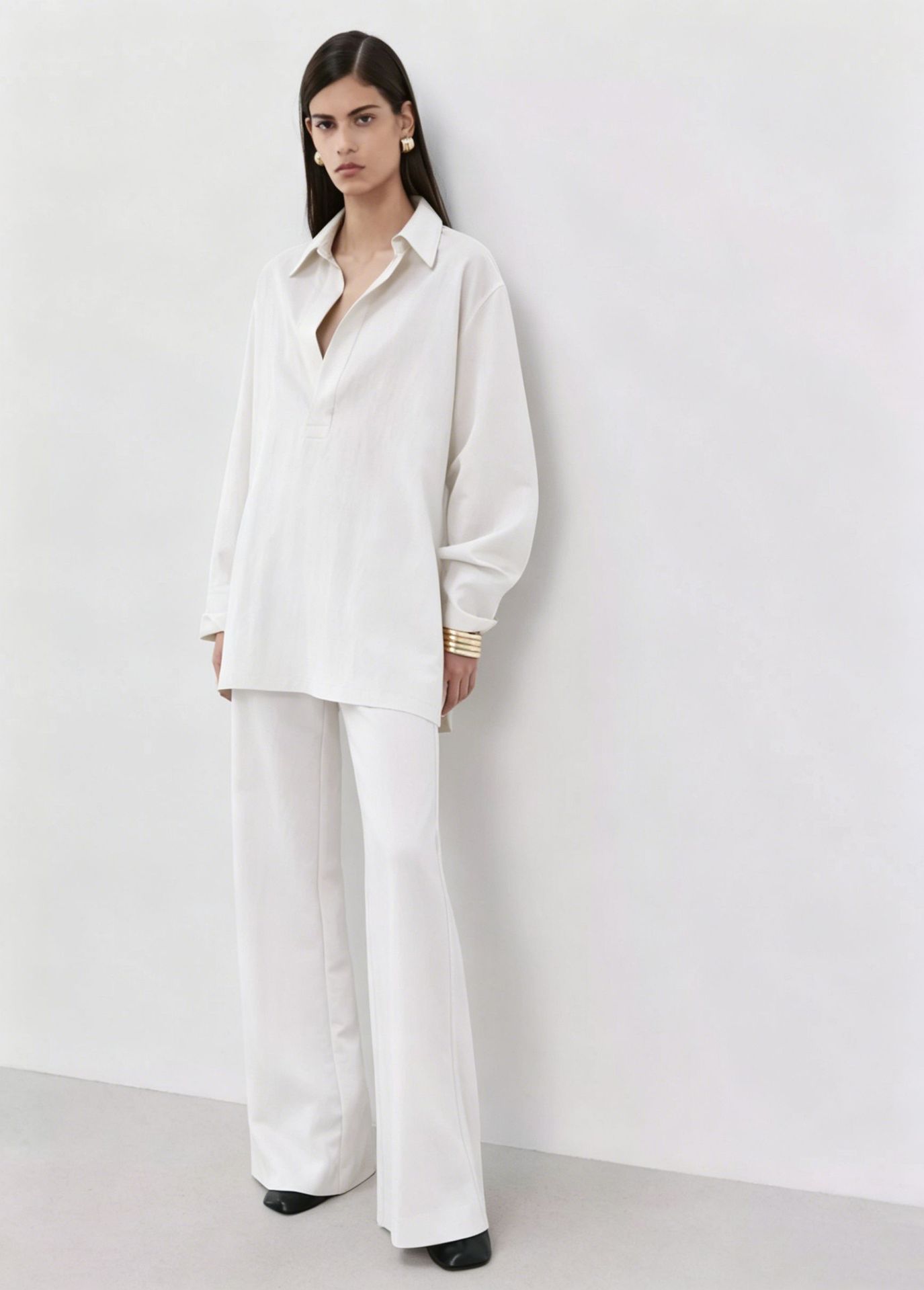 Women's Two-Piece Collared Shirt Set Long Sleeve Solid Color