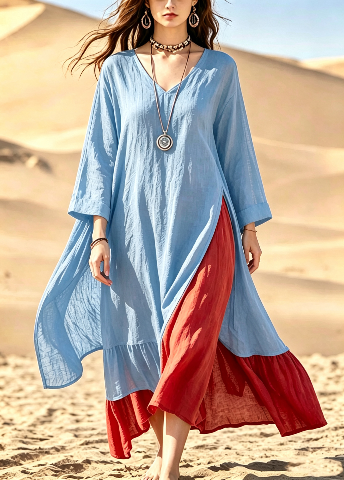Bohemian Colorblock Patchwork Long Dress V-Neck Slit Beach Maxi