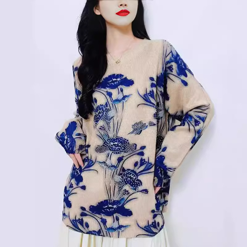 Rhinestone Floral Print Loose Knit Sweater Plus Size Crew Neck Long Sleeve