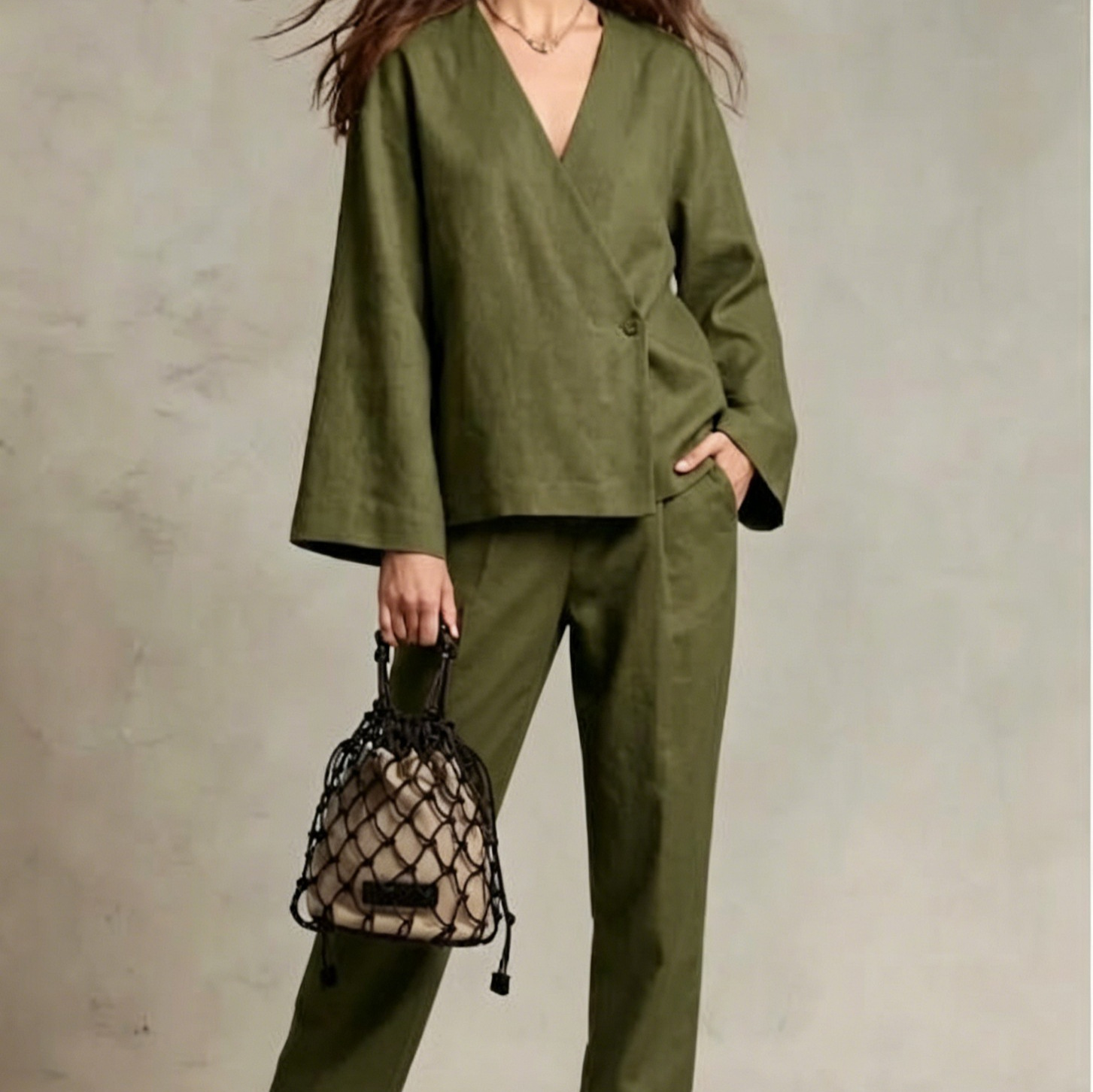 Women's Linen-Blend Button-Front Cardigan and Wide-Leg Pants Set