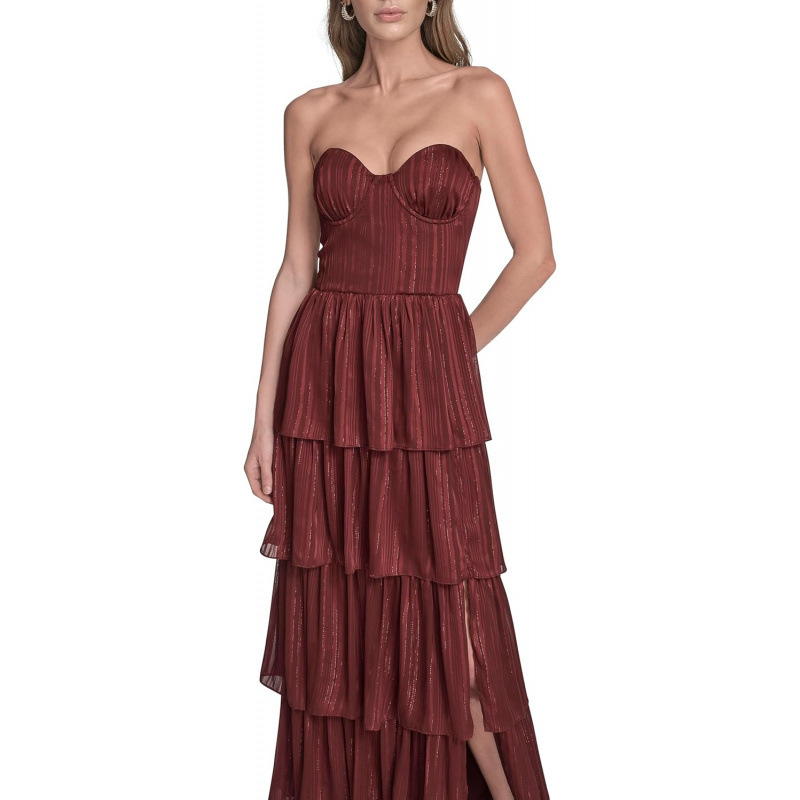 Women's Strapless Slit Tiered Midi Dress