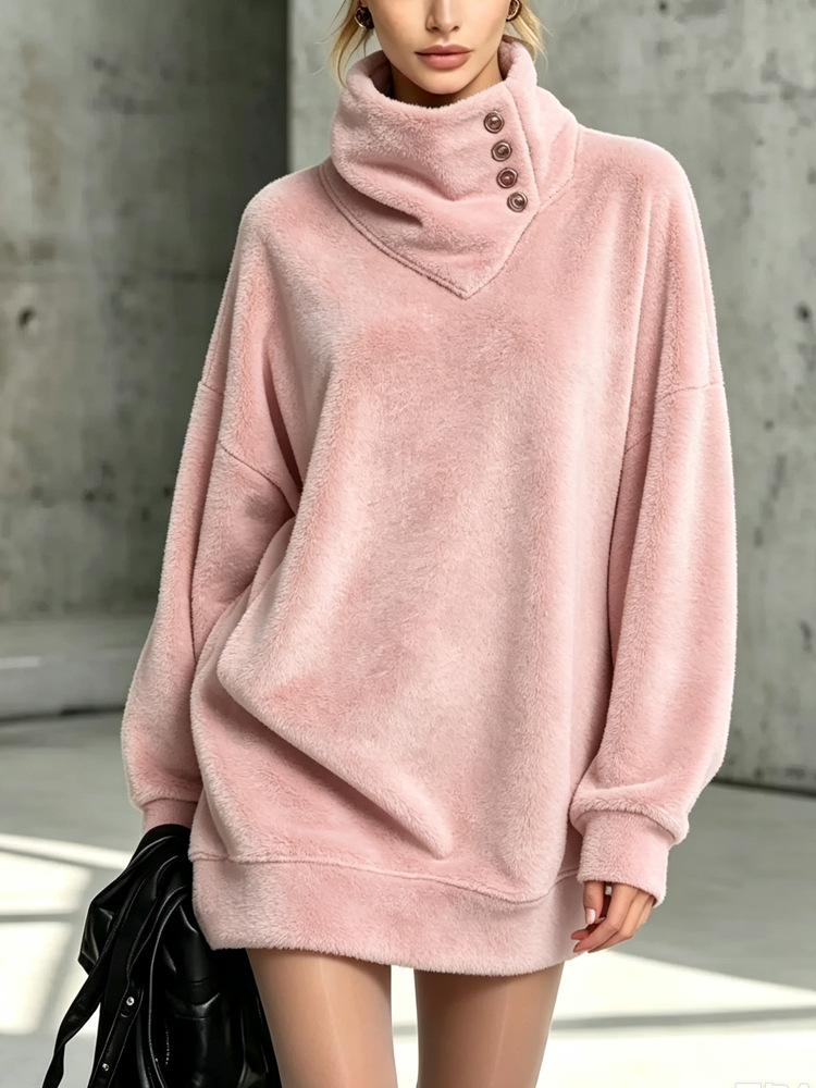 American Retro Button-Front Fleece Hoodie Women's Loose Mid-Length