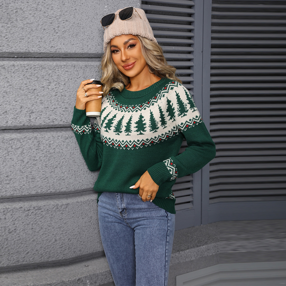 Christmas Tree Jacquard Crewneck Pullover Sweater Green