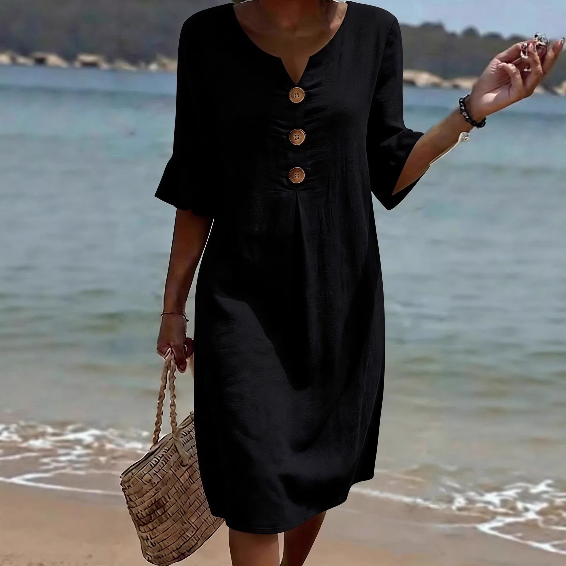 Cotton Linen V-Neck Button Ruffle Sleeve Midi Dress