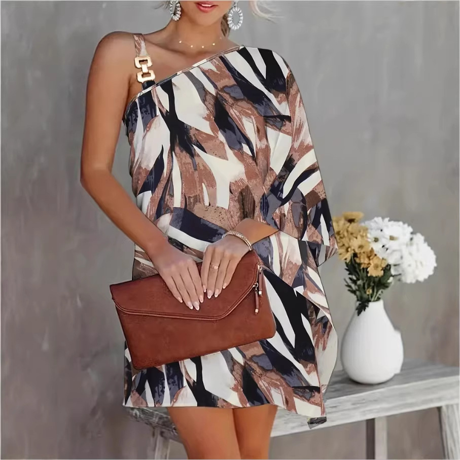 Women's Floral Print One-Shoulder Loose A-Line Dress