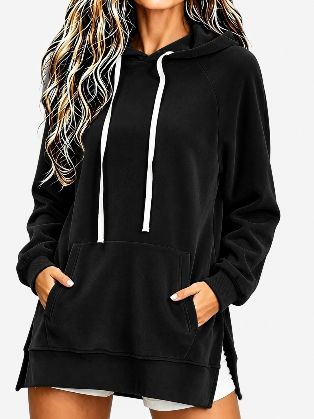 Women's Velvet Hooded Loose Mid-Length Pocket Sweatshirt
