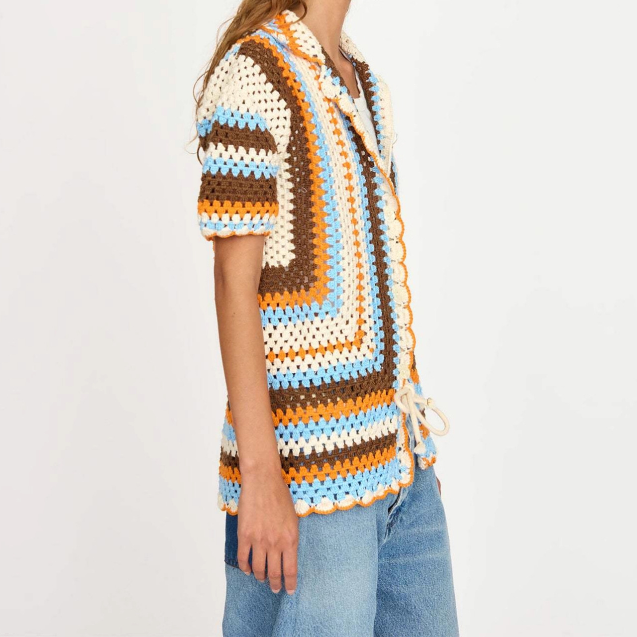 Women's Color-Block Hollow-Out Knit Top Retro Button-Front Short Cardigan