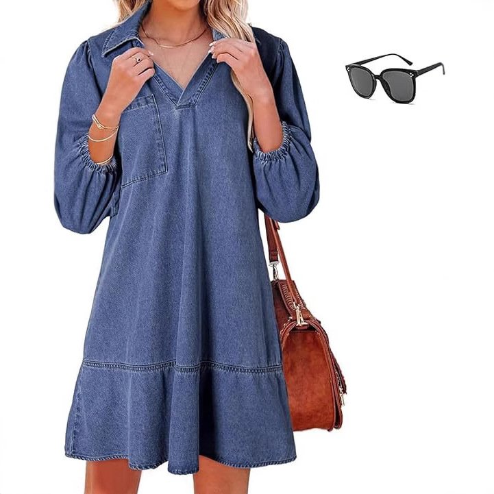 Women's Loose Denim Dress with V-Neck and 3/4 Bubble Sleeves