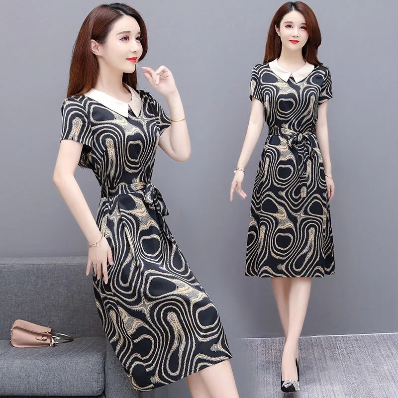 Women's Summer Dress Acetate Satin Floral Print Waist-Cinching Midi A-Line Polo Neck Short Sleeve