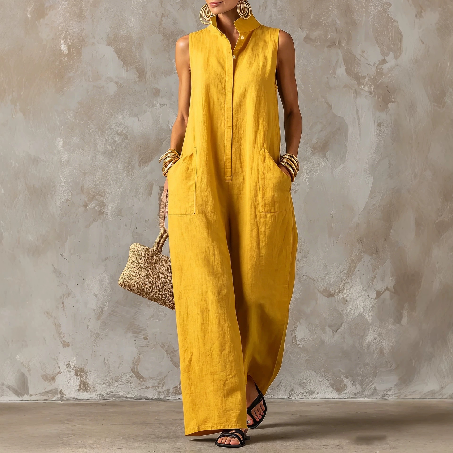 Women's Sleeveless Linen-Blend Jumpsuit with Stand Collar, Button Front, Wide Leg, Relaxed Fit