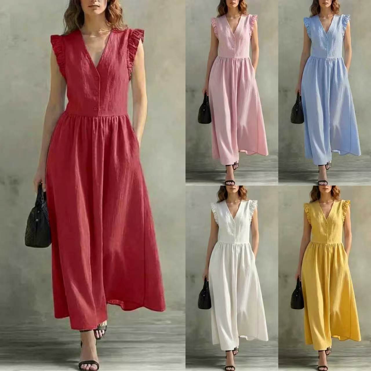 Women's Summer Ruffle Sleeve Solid Color Waist-Cinching Short Dress