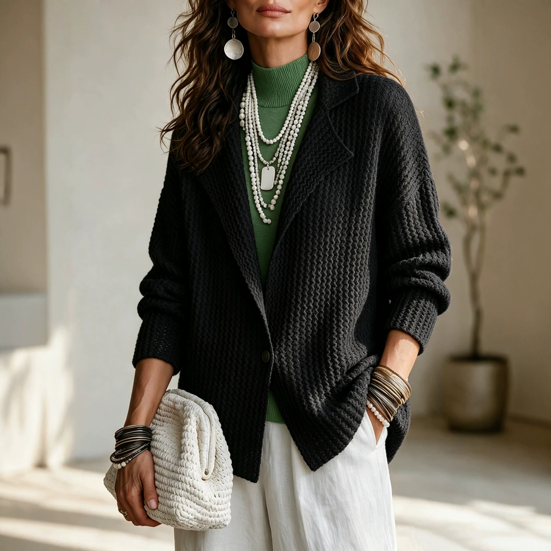 Women's Textured Knit Cardigan with Blazer Collar Single Button Loose Fit