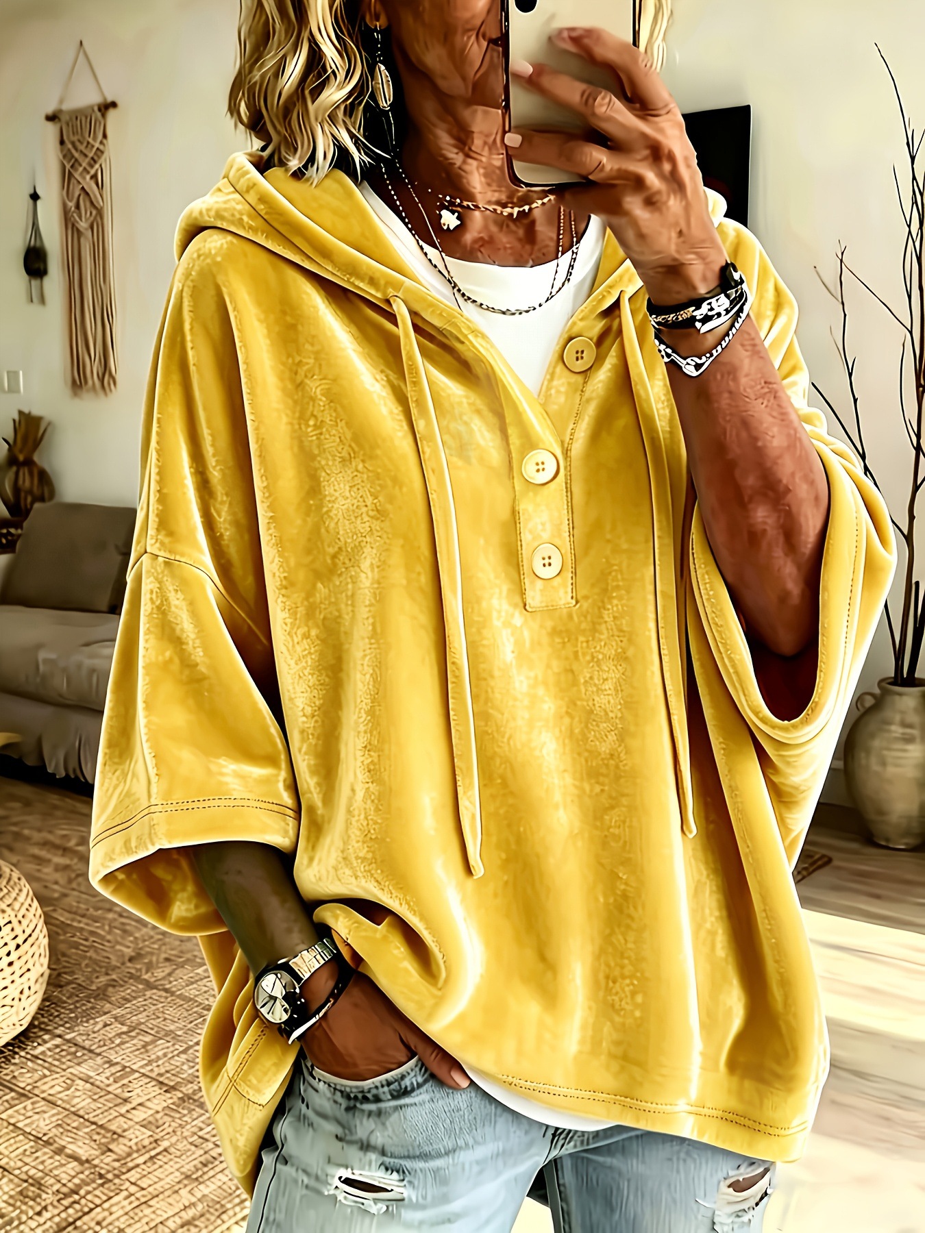 Women's Solid Color Gold Velvet 3/4 Sleeve Top