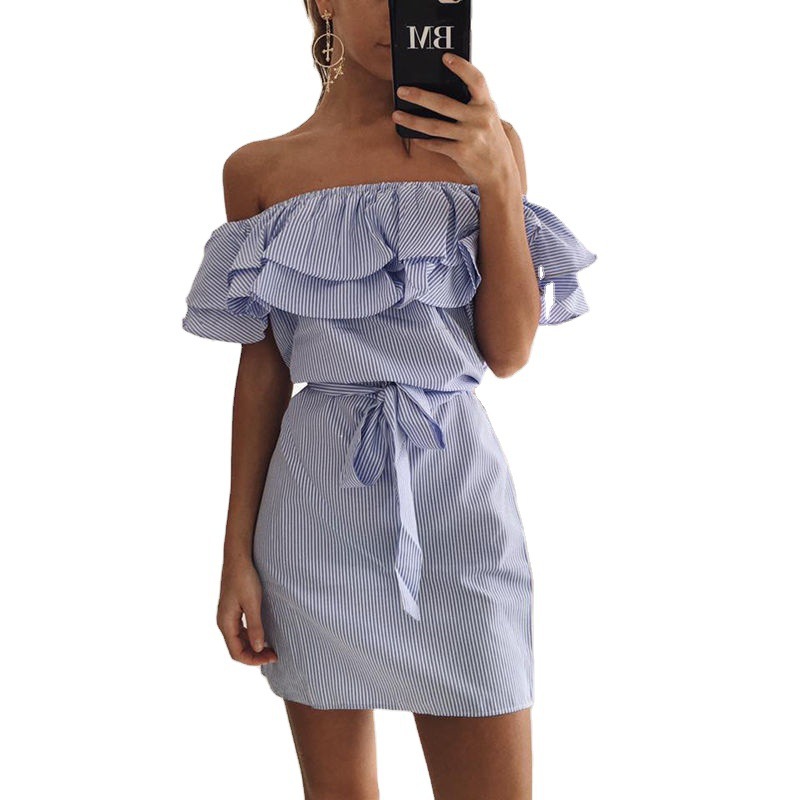 Striped Off-Shoulder Ruffle Sleeve Dress