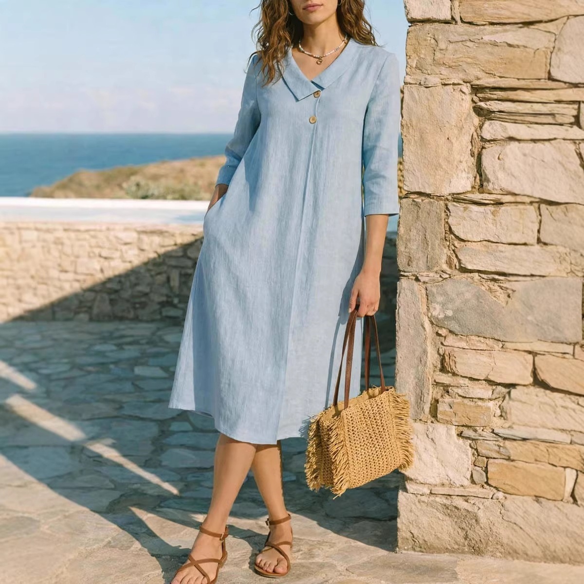 Women's Summer Solid Color French Collar Midi Dress