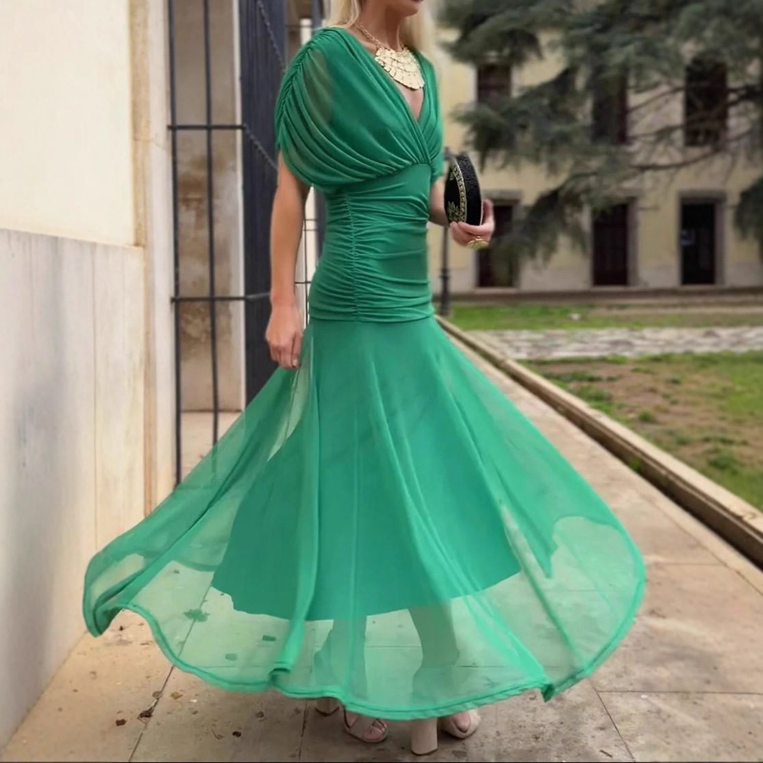 Elegant Solid Deep V-Neck Waist-Cinched Mesh Dress