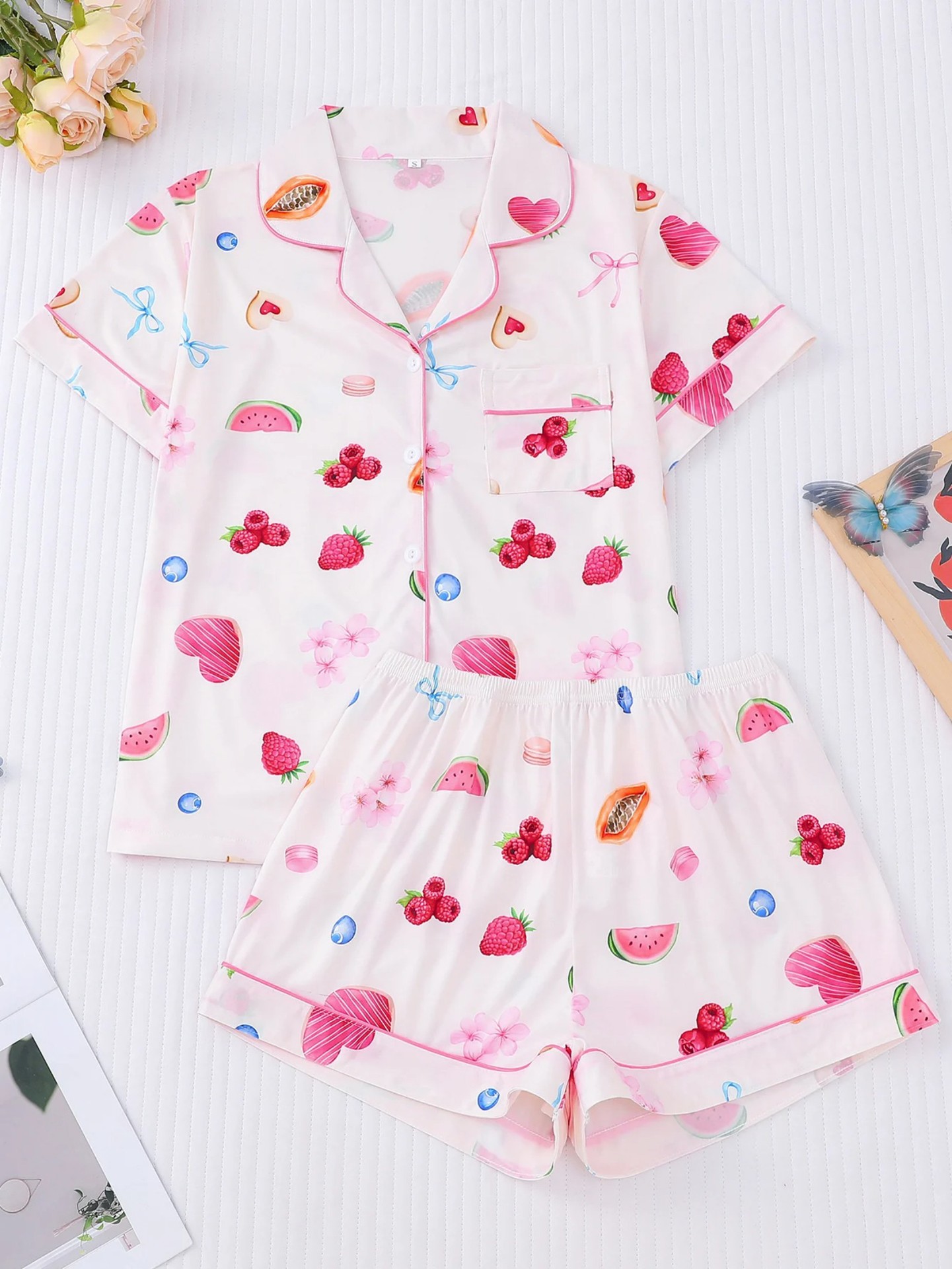 Women's Cuban Collar Fruit Print Shirt Set Casual Loungewear
