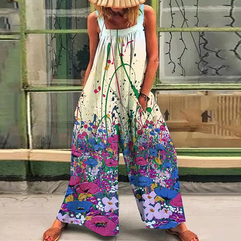 Plus Size Floral Print Loose Wide-Leg Jumpsuit with Straps