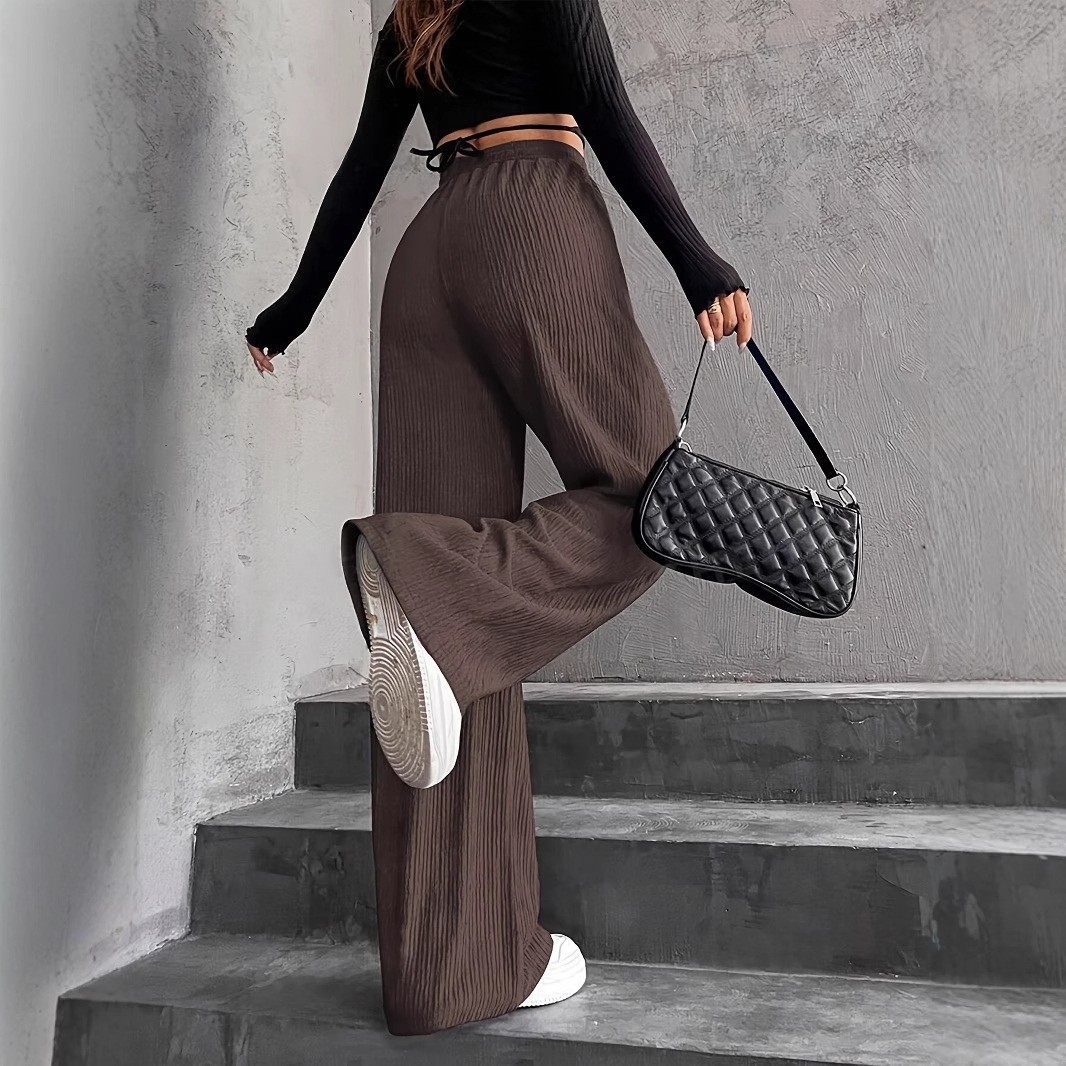 Women's Solid Wide-Leg Pants Elastic High Waist Drawstring Straight Casual