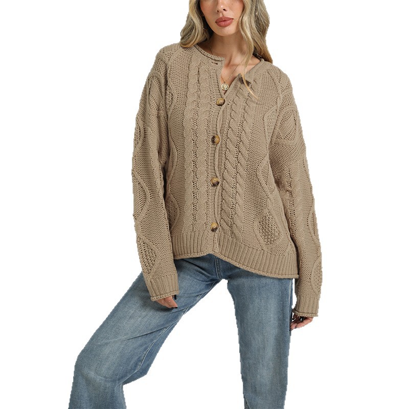 Women's Cable-Knit Cardigan Sweater Loose Fit Button-Up
