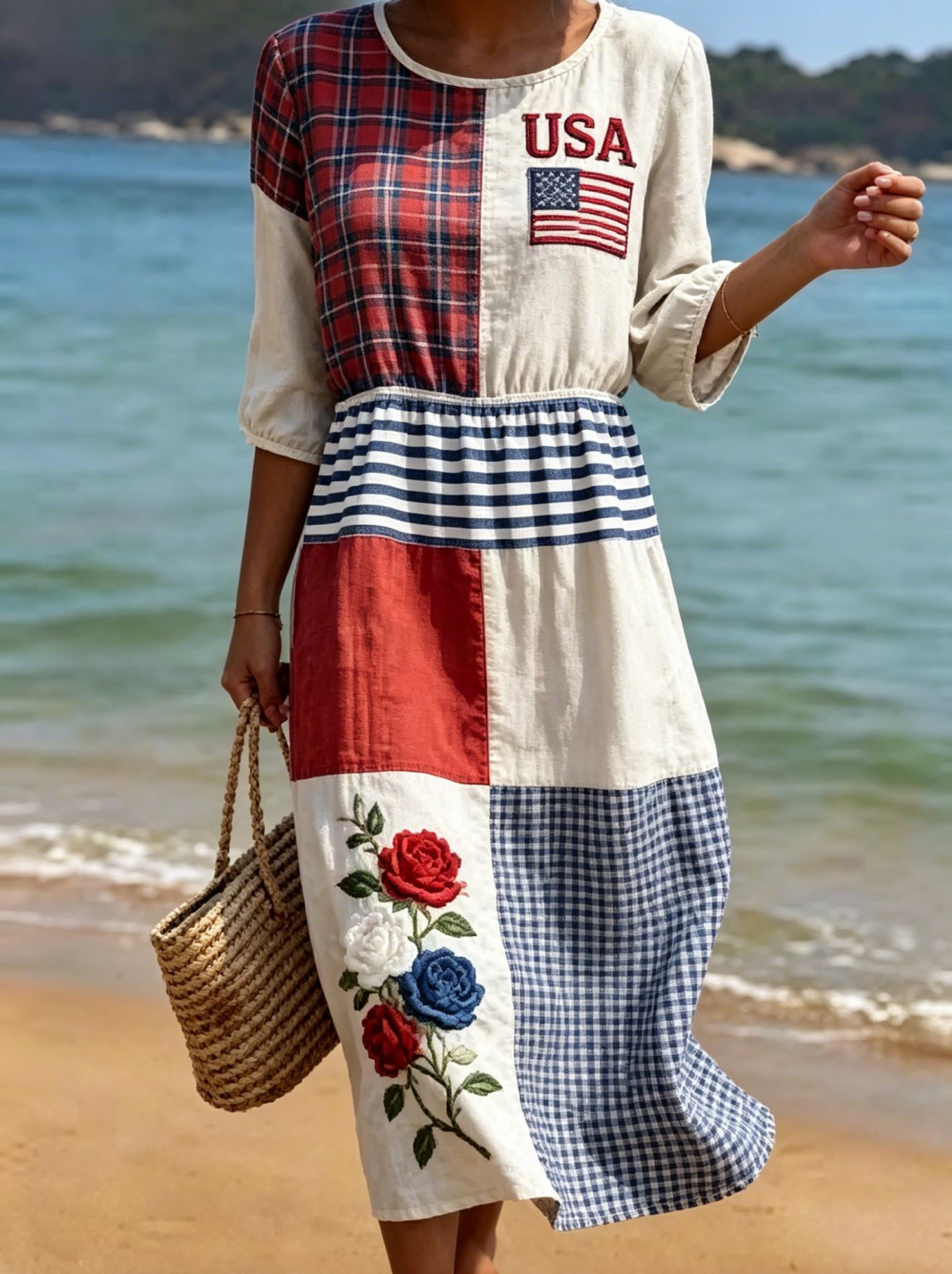 Women's American Floral Flag Print Ruched Midi Dress