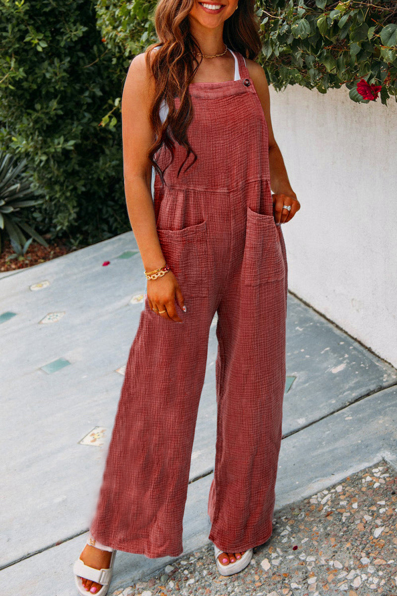 Women's Casual Solid Color Pocket Square Neck Loose Overalls