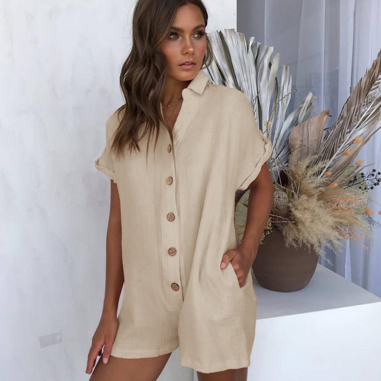 Women's Collared Button Pocket Short Sleeve Romper Shorts