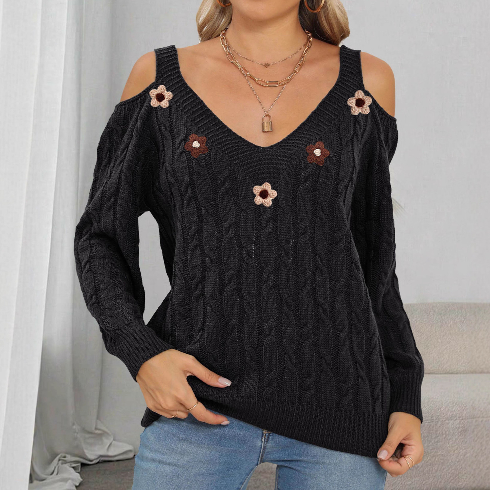 Women's Cold-Shoulder Cable-Knit Pullover Sweater with Crochet Floral Detail