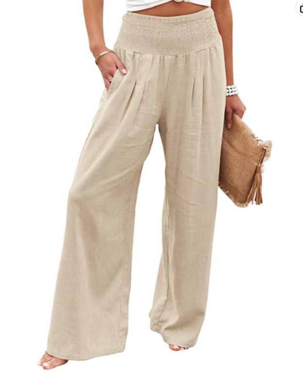 Women's Cotton Linen Wide-Leg Pants Smocked Mid-Rise Boho Casual