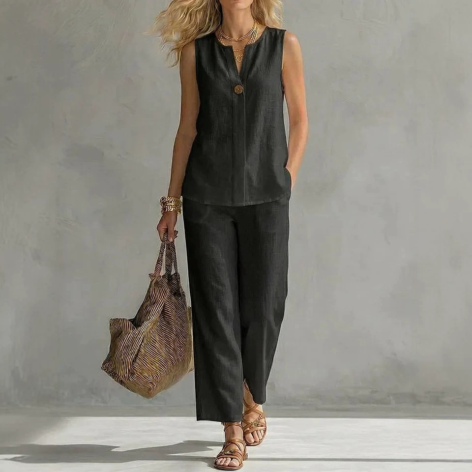Women's Sleeveless V-Neck Top and Pants Set Casual Solid Color