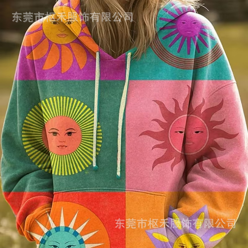 Women's Colorful Oil Painting Sun Print Casual Hoodie