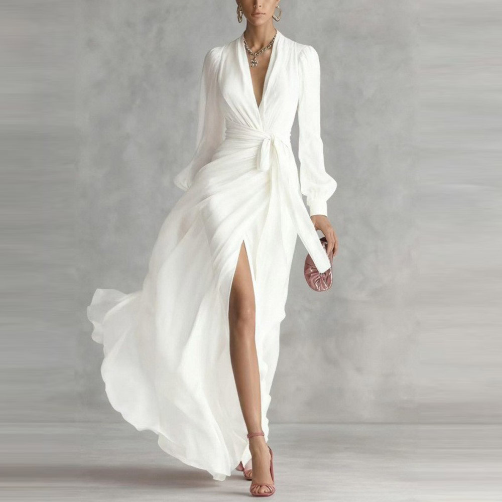 V-Neck Solid Color Waist-Cinched Long Sleeve High Slit Flowy Chiffon Dress