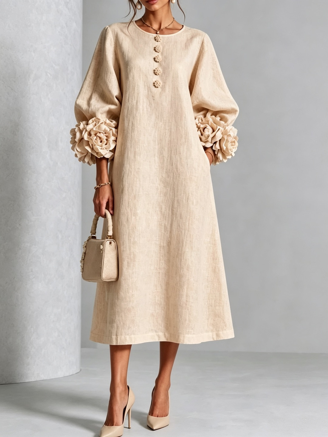 Women's Loose Round Neck Lantern Sleeve Floral Midi Dress