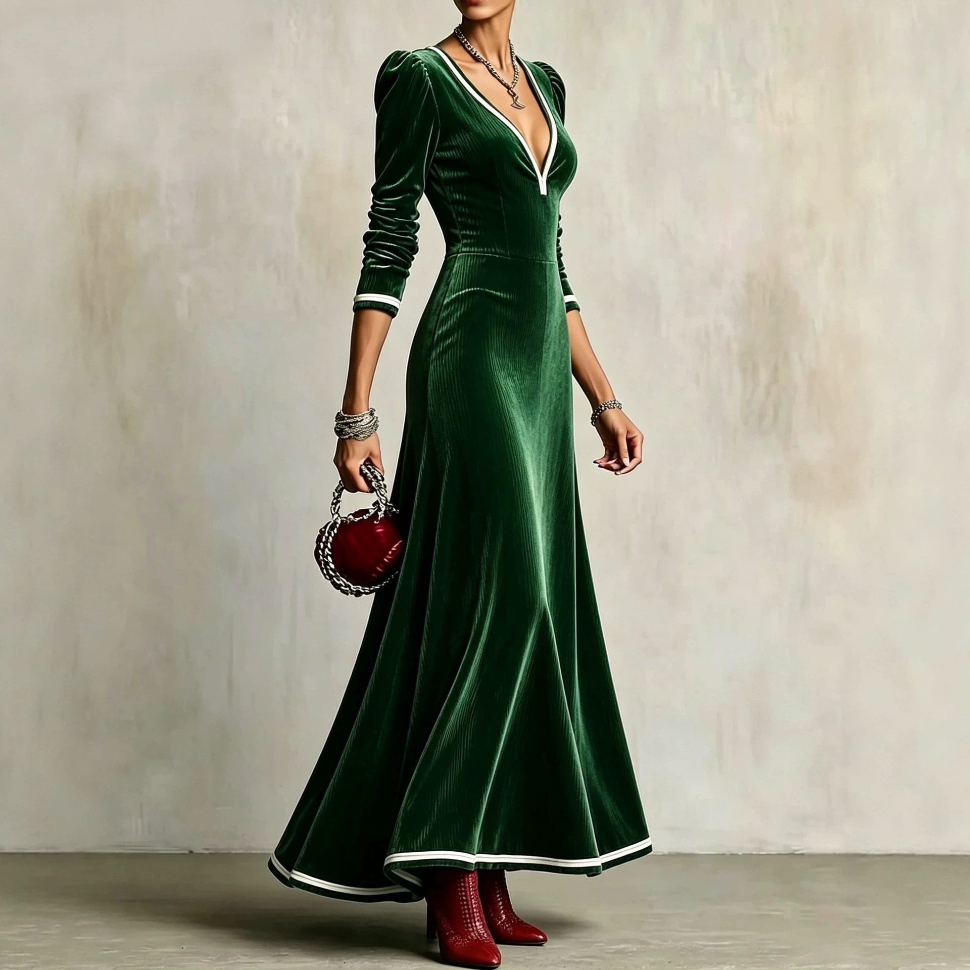 Striped Velvet A-Line Maxi Dress with Deep V-Neck and High Waist