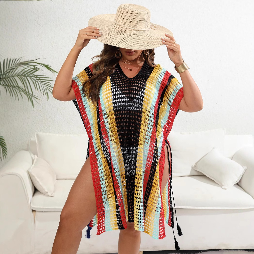 Women's Plus Size Colorblock Cutout Beach Bikini Cover-Up Tie Dress