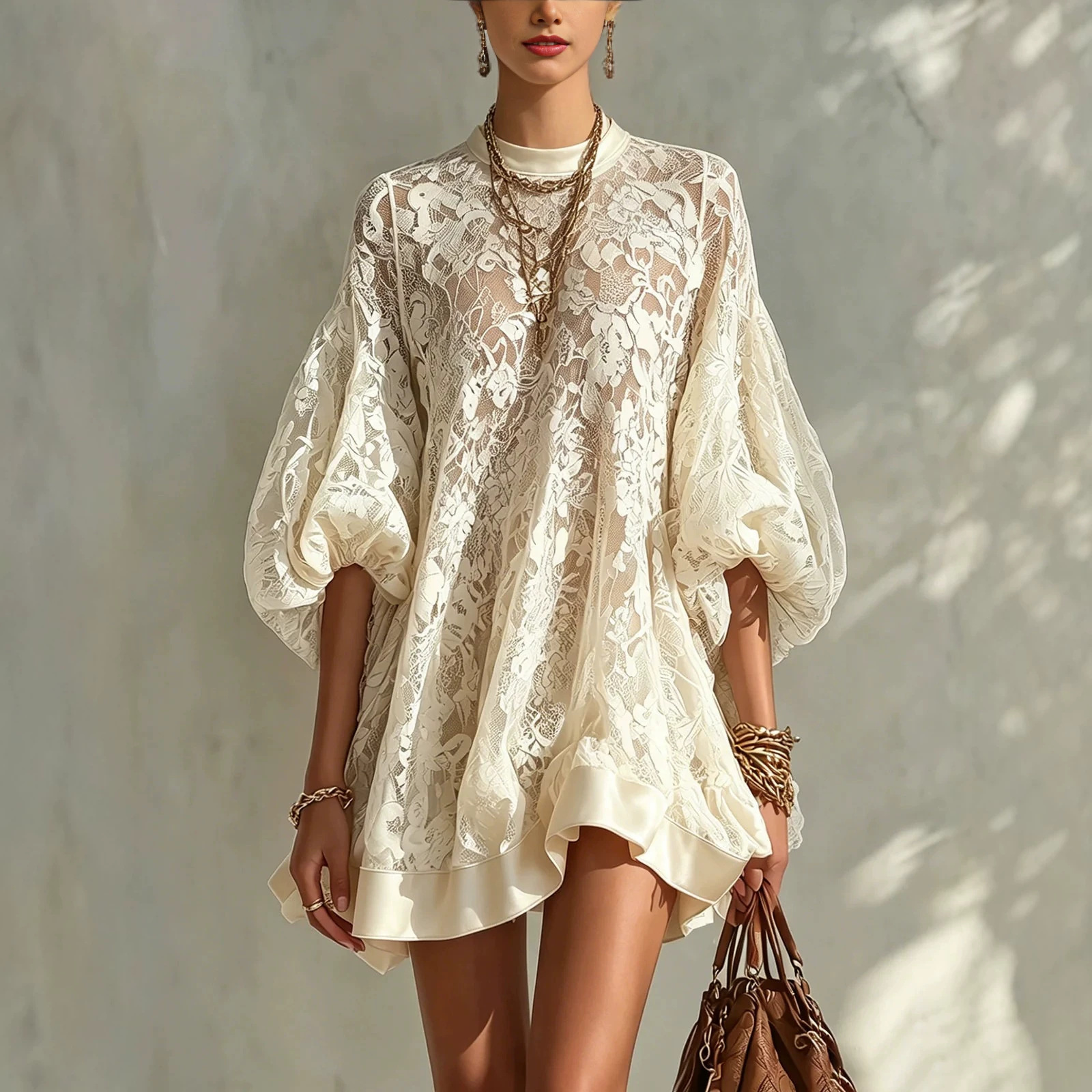 Lace Loose Midi Dress with Lantern Sleeves for Summer Beach Vacation